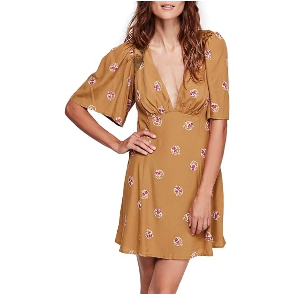 Free People Mockingbird Floral Mustard Mini Dress - Picture 1 of 13